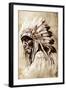 Sketch Of Tattoo Art, Indian Head, Chief, Vintage Style-outsiderzone-Framed Art Print