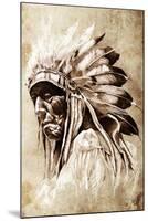 Sketch Of Tattoo Art, Indian Head, Chief, Vintage Style-outsiderzone-Mounted Art Print