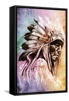 Sketch Of Tattoo Art, Indian Head Over Colorful Background-outsiderzone-Framed Stretched Canvas