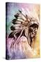 Sketch Of Tattoo Art, Indian Head Over Colorful Background-outsiderzone-Stretched Canvas