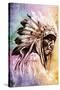 Sketch Of Tattoo Art, Indian Head Over Colorful Background-outsiderzone-Stretched Canvas