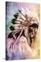 Sketch Of Tattoo Art, Indian Head Over Colorful Background-outsiderzone-Stretched Canvas