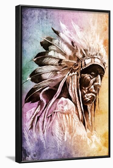 Sketch Of Tattoo Art, Indian Head Over Colorful Background-outsiderzone-Framed Art Print