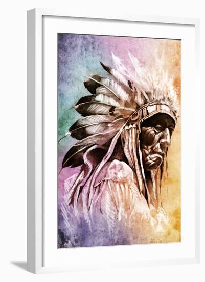 Sketch Of Tattoo Art, Indian Head Over Colorful Background-outsiderzone-Framed Art Print