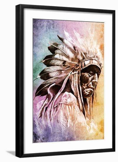 Sketch Of Tattoo Art, Indian Head Over Colorful Background-outsiderzone-Framed Art Print