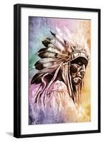 Sketch Of Tattoo Art, Indian Head Over Colorful Background-outsiderzone-Framed Art Print