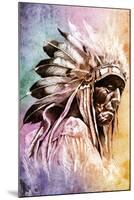 Sketch Of Tattoo Art, Indian Head Over Colorful Background-outsiderzone-Mounted Art Print