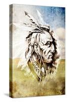 Sketch Of Tattoo Art, Indian Head Over Crop-Field Background-outsiderzone-Stretched Canvas