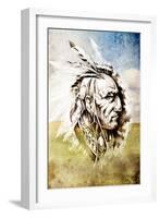 Sketch Of Tattoo Art, Indian Head Over Crop-Field Background-outsiderzone-Framed Art Print