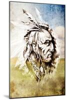 Sketch Of Tattoo Art, Indian Head Over Crop-Field Background-outsiderzone-Mounted Art Print