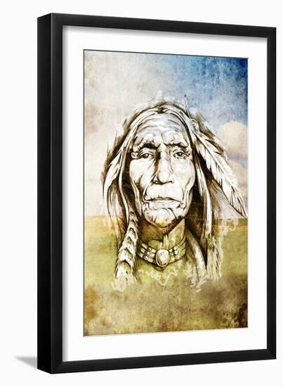 Sketch Of Tattoo Art, Indian Head Over Field Background-outsiderzone-Framed Art Print