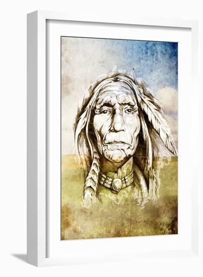 Sketch Of Tattoo Art, Indian Head Over Field Background-outsiderzone-Framed Art Print