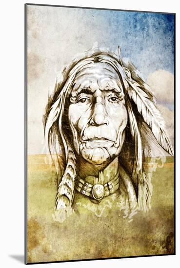 Sketch Of Tattoo Art, Indian Head Over Field Background-outsiderzone-Mounted Art Print