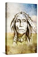 Sketch Of Tattoo Art, Indian Head Over Field Background-outsiderzone-Stretched Canvas