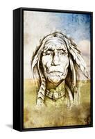 Sketch Of Tattoo Art, Indian Head Over Field Background-outsiderzone-Framed Stretched Canvas