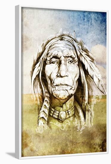 Sketch Of Tattoo Art, Indian Head Over Field Background-outsiderzone-Framed Art Print