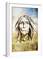 Sketch Of Tattoo Art, Indian Head Over Field Background-outsiderzone-Framed Art Print