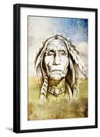 Sketch Of Tattoo Art, Indian Head Over Field Background-outsiderzone-Framed Art Print