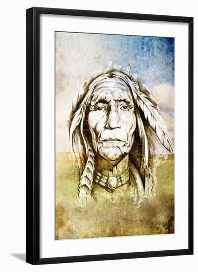 Sketch Of Tattoo Art, Indian Head Over Field Background-outsiderzone-Framed Art Print