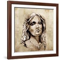 Sketch Of Tattoo Art, Lovely And Passionate Look From A Tent Of American Indian Girl-outsiderzone-Framed Art Print