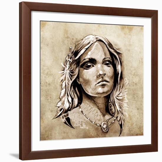 Sketch Of Tattoo Art, Lovely And Passionate Look From A Tent Of American Indian Girl-outsiderzone-Framed Art Print
