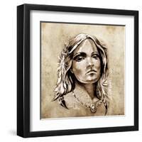 Sketch Of Tattoo Art, Lovely And Passionate Look From A Tent Of American Indian Girl-outsiderzone-Framed Art Print