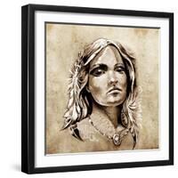 Sketch Of Tattoo Art, Lovely And Passionate Look From A Tent Of American Indian Girl-outsiderzone-Framed Art Print