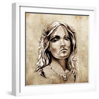 Sketch Of Tattoo Art, Lovely And Passionate Look From A Tent Of American Indian Girl-outsiderzone-Framed Art Print