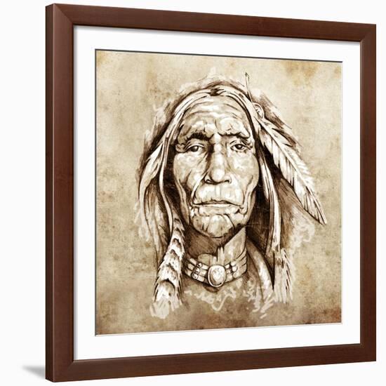 Sketch Of Tattoo Art, Monster Mask With White Fire-outsiderzone-Framed Art Print