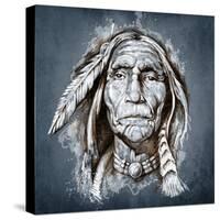 Sketch Of Tattoo Art, Portrait Of American Indian Head-outsiderzone-Stretched Canvas