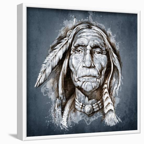 Sketch Of Tattoo Art, Portrait Of American Indian Head-outsiderzone-Framed Art Print