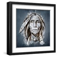 Sketch Of Tattoo Art, Portrait Of American Indian Head-outsiderzone-Framed Art Print