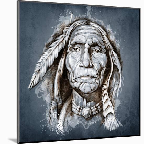 Sketch Of Tattoo Art, Portrait Of American Indian Head-outsiderzone-Mounted Art Print