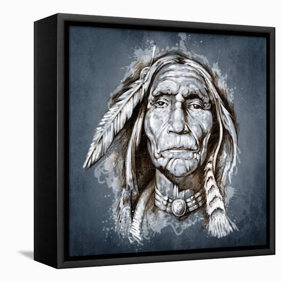 Sketch Of Tattoo Art, Portrait Of American Indian Head-outsiderzone-Framed Stretched Canvas