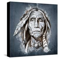 Sketch Of Tattoo Art, Portrait Of American Indian Head-outsiderzone-Stretched Canvas