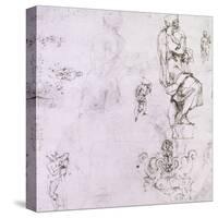 Sketches of Male Nudes, a Madonna and Child and a Decorative Emblem-Michelangelo Buonarroti-Stretched Canvas
