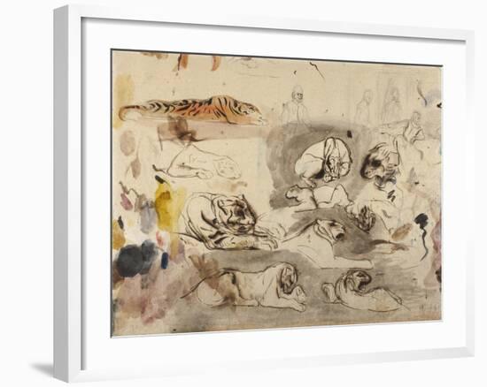 Sketches of Tigers and Men in 16th Century Costume, 1828-29-Eugene Delacroix-Framed Giclee Print