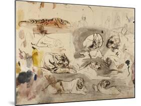 Sketches of Tigers and Men in 16th Century Costume, 1828-29-Eugene Delacroix-Mounted Giclee Print