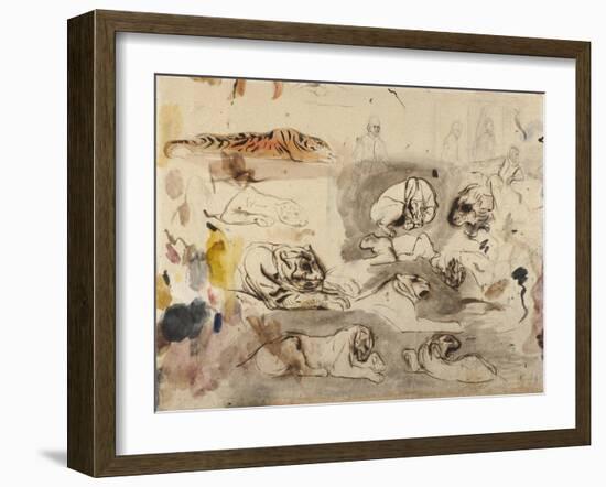 Sketches of Tigers and Men in 16th Century Costume, 1828-29-Eugene Delacroix-Framed Giclee Print