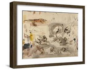 Sketches of Tigers and Men in 16th Century Costume, 1828-29-Eugene Delacroix-Framed Giclee Print