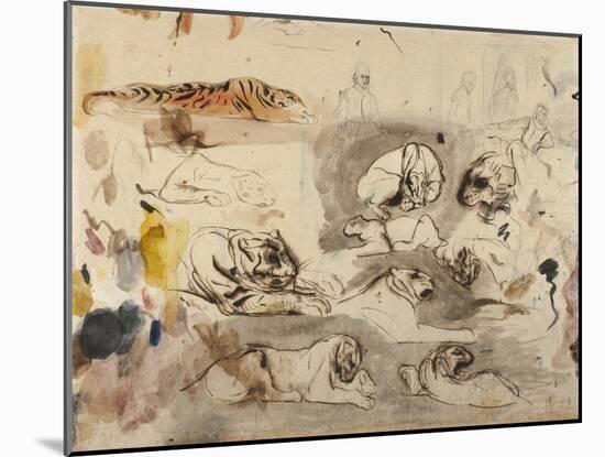 Sketches of Tigers and Men in 16th Century Costume, 1828-29-Eugene Delacroix-Mounted Giclee Print