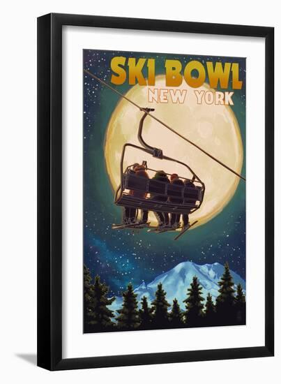 Ski Bowl - New York - Ski Lift and Full Moon-Lantern Press-Framed Art Print