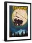 Ski Bowl - New York - Ski Lift and Full Moon-Lantern Press-Framed Art Print