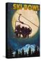 Ski Bowl - New York - Ski Lift and Full Moon-Lantern Press-Stretched Canvas