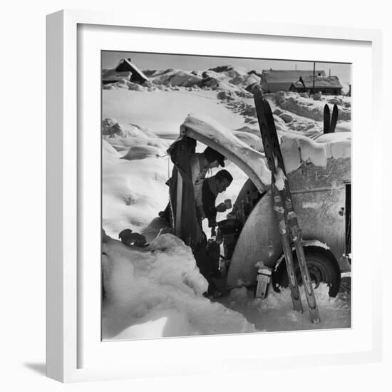 Ski Bum Bob Lombard Pouring Coffee from the Back of His Trailer-Loomis Dean-Framed Photographic Print