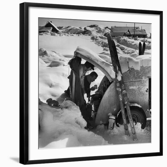 Ski Bum Bob Lombard Pouring Coffee from the Back of His Trailer-Loomis Dean-Framed Photographic Print