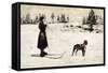 Ski Girl Towed by Dog-null-Framed Stretched Canvas