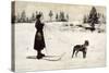 Ski Girl Towed by Dog-null-Stretched Canvas