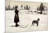 Ski Girl Towed by Dog-null-Mounted Premium Giclee Print