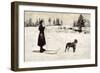 Ski Girl Towed by Dog-null-Framed Art Print